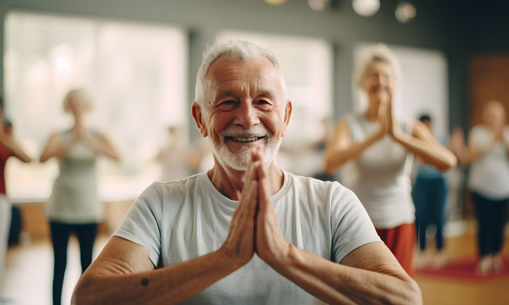 Older man practicing yoga in class